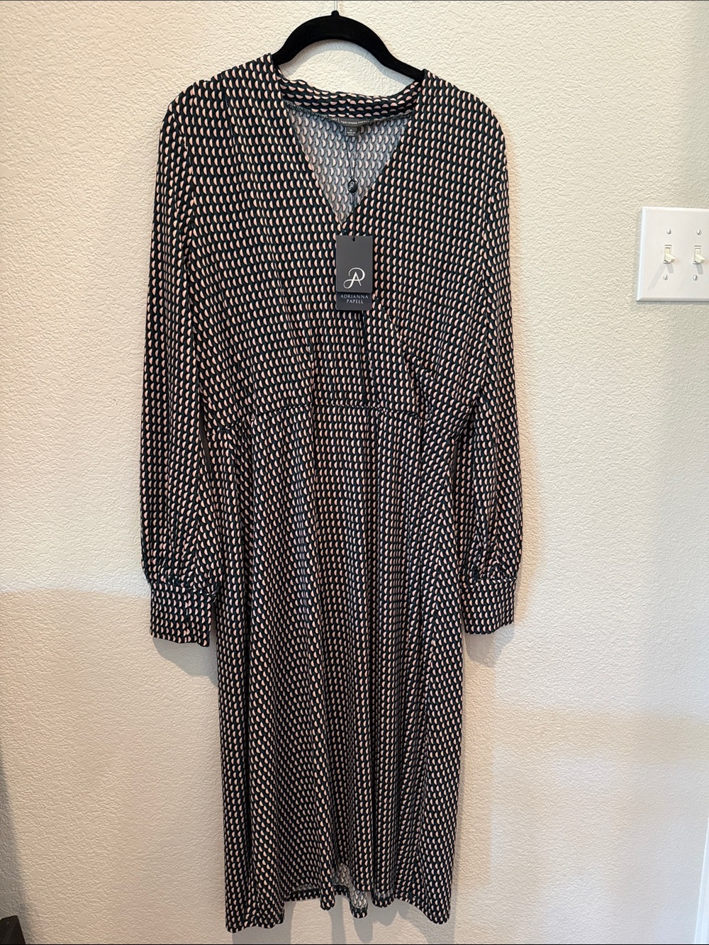 Adrianna Papell Geometric V-Neck Long Sleeve Faux Wrap Dress with snap closure